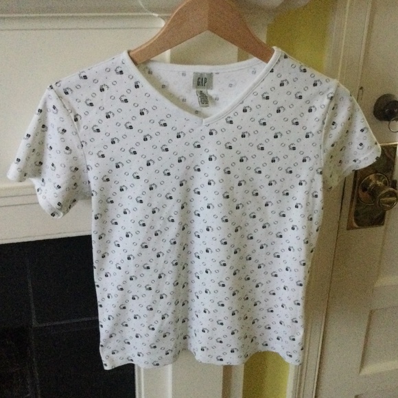Vintage 90s GAP Floral V-neck Short Sleeve Tee Black White - Sz Medium - Picture 1 of 7